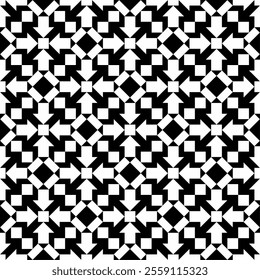 Seamless black and white geometric pattern, featuring a symmetrical design with abstract shapes. Suitable for backgrounds, wallpapers, textiles, fabrics and various creative projects.