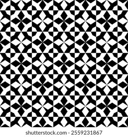 Seamless black and white geometric pattern, featuring a symmetrical design with abstract shapes. Suitable for backgrounds, wallpapers, textiles, fabrics and various creative projects.