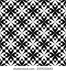 Seamless black and white geometric pattern, featuring a symmetrical design with abstract shapes. Suitable for backgrounds, wallpapers, textiles, fabrics and various creative projects.