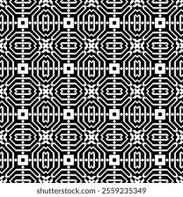 Seamless black and white geometric pattern, featuring a symmetrical design with abstract shapes. Suitable for backgrounds, wallpapers, textiles, fabrics and various creative projects.