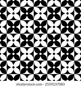 Seamless black and white geometric pattern, featuring a symmetrical design with floral motifs. Suitable for backgrounds, wallpapers, textiles, fabrics and various creative projects.