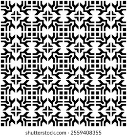 Seamless black and white geometric pattern, featuring a symmetrical design with abstract shapes. Suitable for backgrounds, wallpapers, textiles, fabrics and various creative projects.