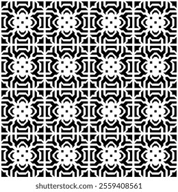 Seamless black and white geometric pattern, featuring a symmetrical design with abstract shapes. Suitable for backgrounds, wallpapers, textiles, fabrics and various creative projects.