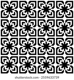 Seamless black and white geometric pattern, featuring a symmetrical design with abstract shapes. Suitable for backgrounds, wallpapers, textiles, fabrics and various creative projects.