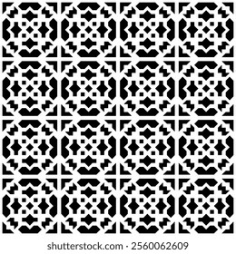 Seamless black and white geometric pattern, featuring a symmetrical design with abstract shapes. Suitable for backgrounds, wallpapers, textiles, fabrics and various creative projects.