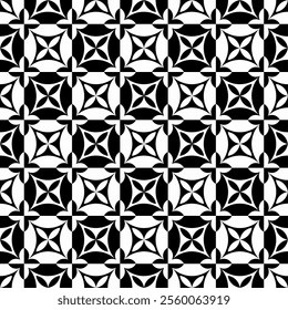 Seamless black and white geometric pattern, featuring a symmetrical design with floral motifs. Suitable for backgrounds, wallpapers, textiles, fabrics and various creative projects.