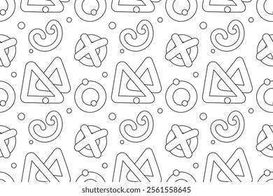 Seamless black and white geometric pattern featuring triangles, circles, crosses, and swirls, ideal for coloring pages and backgrounds.