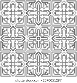 Seamless black and white geometric pattern with symmetrical lines and shapes in a grid layout.