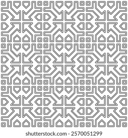 Seamless black and white geometric pattern with symmetrical lines and shapes in a grid layout.