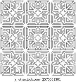 Seamless black and white geometric pattern with symmetrical lines and shapes in a grid layout.