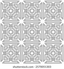 Seamless black and white geometric pattern with symmetrical lines and shapes in a grid layout.