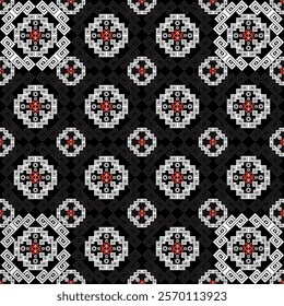 A seamless black and white geometric pattern with intricate Native-inspired motifs and striking red accents, ideal for textile, wallpaper, and digital design projects.