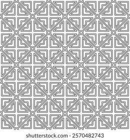 Seamless black and white geometric pattern featuring symmetrical shapes with connecting lines.