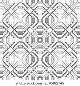 Seamless black and white geometric pattern featuring symmetrical shapes with connecting lines.