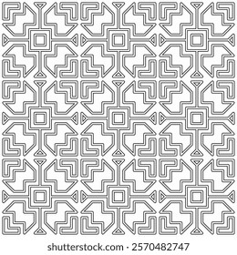 Seamless black and white geometric pattern with symmetrical lines and shapes in a grid layout.