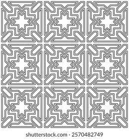 Seamless black and white geometric pattern with symmetrical lines and shapes in a grid layout.