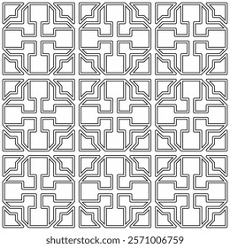 Seamless black and white geometric pattern with symmetrical lines and shapes in a grid layout.