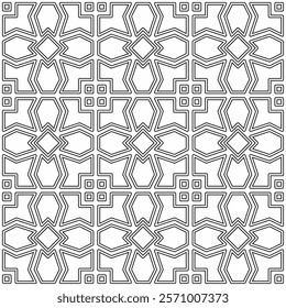 Seamless black and white geometric pattern with symmetrical lines and shapes in a grid layout.