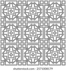 Seamless black and white geometric pattern with symmetrical lines and shapes in a grid layout.