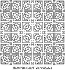 Seamless black and white geometric pattern with symmetrical lines and shapes in a grid layout.