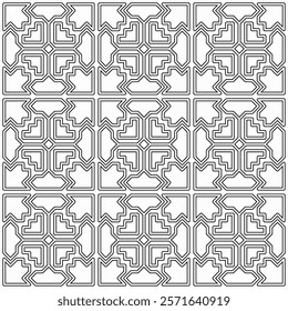 Seamless black and white geometric pattern with symmetrical lines and shapes in a grid layout.