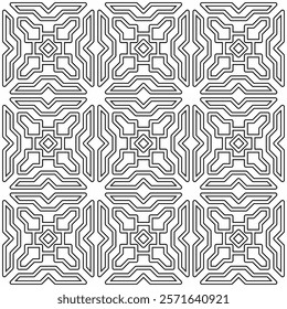 Seamless black and white geometric pattern with symmetrical lines and shapes in a grid layout.