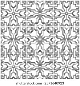 Seamless black and white geometric pattern with symmetrical lines and shapes in a grid layout.