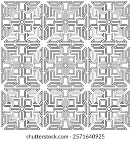 Seamless black and white geometric pattern with symmetrical lines and shapes in a grid layout.