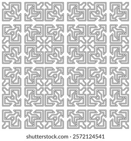 Seamless black and white geometric pattern with symmetrical lines and shapes in a grid layout.