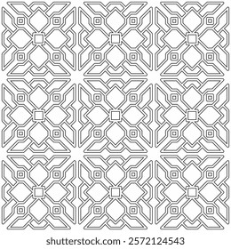 Seamless black and white geometric pattern with symmetrical lines and shapes in a grid layout.