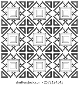 Seamless black and white geometric pattern with symmetrical lines and shapes in a grid layout.