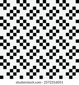 Seamless black and white geometric pattern, featuring a symmetrical design with pixel-style motifs. Suitable for backgrounds, wallpapers.