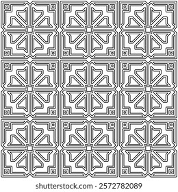 Seamless black and white geometric pattern with symmetrical lines and shapes in a grid layout.