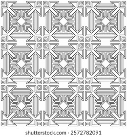 Seamless black and white geometric pattern with symmetrical lines and shapes in a grid layout.