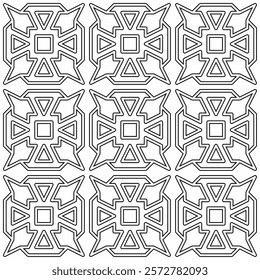 Seamless black and white geometric pattern with symmetrical lines and shapes in a grid layout.