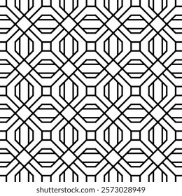 Seamless black and white geometric pattern featuring symmetrical shapes with connecting lines.