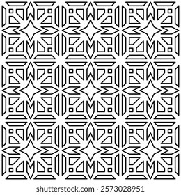 Seamless black and white geometric pattern with symmetrical lines and shapes in a grid layout.