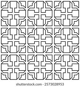 Seamless black and white geometric pattern with symmetrical lines and shapes in a grid layout.