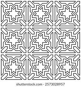 Seamless black and white geometric pattern with symmetrical lines and shapes in a grid layout.