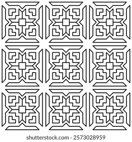 Seamless black and white geometric pattern with symmetrical lines and shapes in a grid layout.