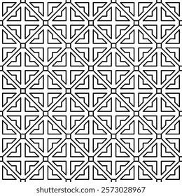 Seamless black and white geometric pattern featuring symmetrical shapes with connecting lines.