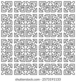 Seamless black and white geometric pattern with symmetrical lines and shapes in a grid layout.