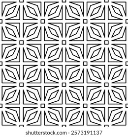 Seamless black and white geometric pattern with symmetrical lines and shapes in a grid layout.