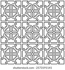 Seamless black and white geometric pattern with symmetrical lines and shapes in a grid layout.