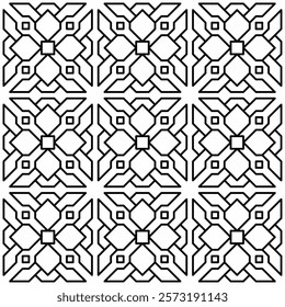 Seamless black and white geometric pattern with symmetrical lines and shapes in a grid layout.