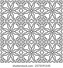 Seamless black and white geometric pattern with symmetrical lines and shapes in a grid layout.