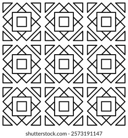 Seamless black and white geometric pattern with symmetrical lines and shapes in a grid layout.