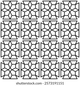 Seamless black and white geometric pattern with symmetrical lines and shapes in a grid layout.