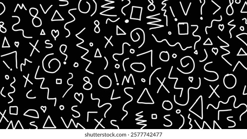 Seamless black and white geometric pattern in trendy Memphis style with bold abstract shapes, lines, and dots for a modern and stylish design. Vector illustration.