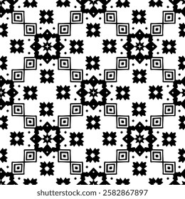 Seamless black and white geometric pattern with intricate symmetrical shapes, including squares, diamonds, and floral-inspired elements. This abstract vector design is ideal for textiles, wallpapers, 